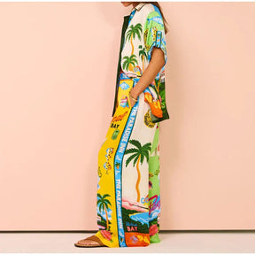 Beach Printed Lapel Shirt Pants Suits