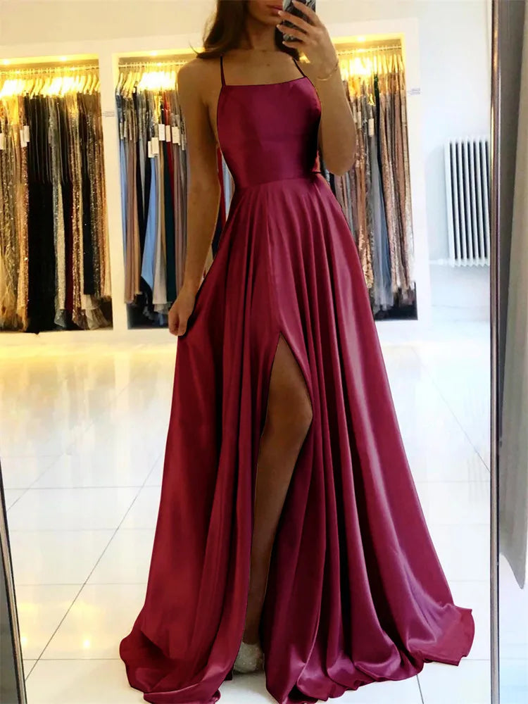 Burgundy Satin Beach Side Slit Adjustable Straps Evening Prom Dress