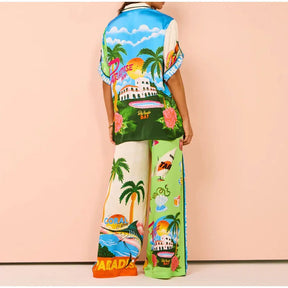 Beach Printed Lapel Shirt Pants Suits