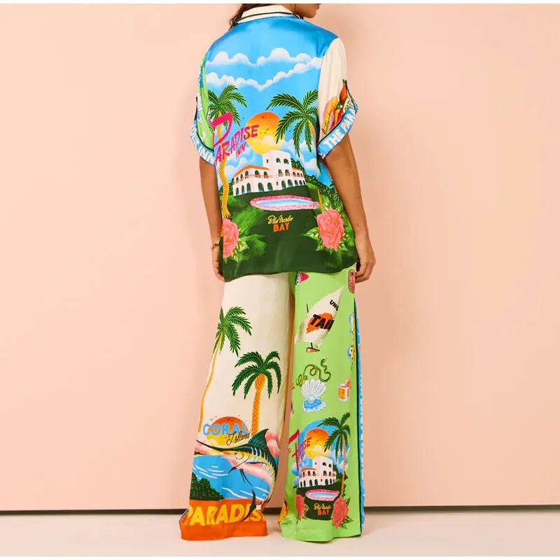 Beach Printed Lapel Shirt Pants Suits