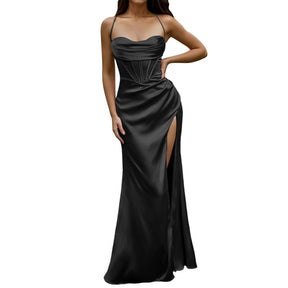 Spaghetti Strap Satin Corset Fishbone Push Up Bodycon Party Long Dress