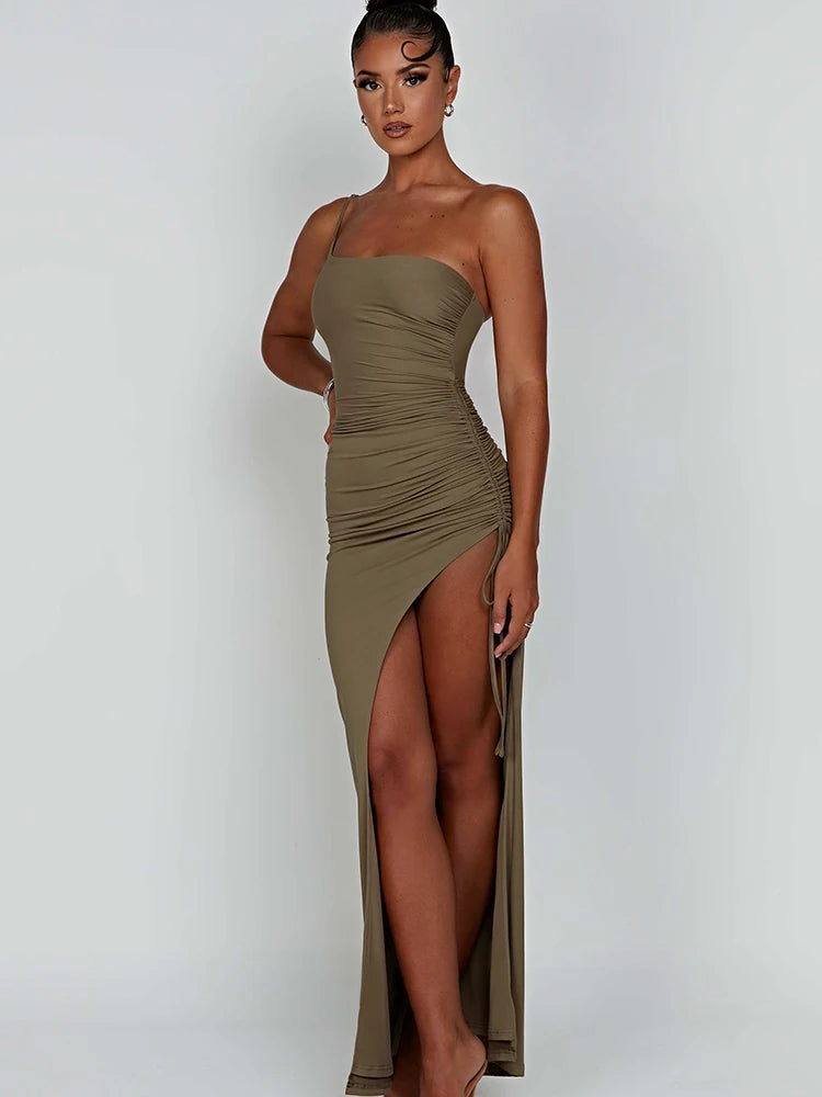 Drawstring High Slit Shoulder Slim Elastic Maxi Bodycon Dress