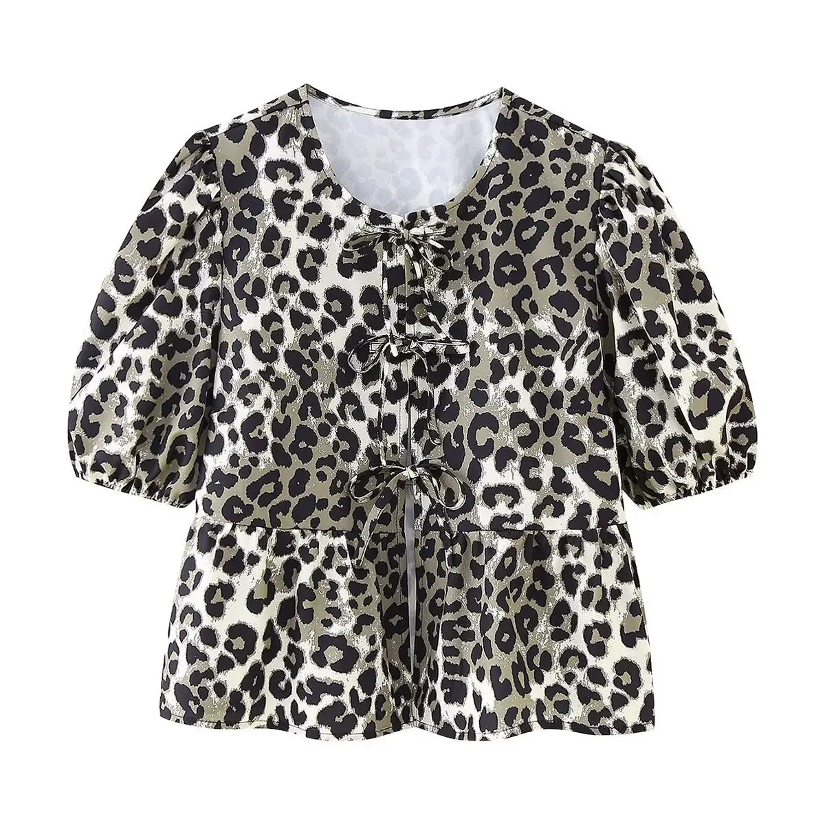 Leopard Blouse Puff Sleeve Crop Top Women's Summer Clothing