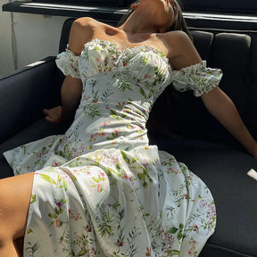 Summer Floral Off Shoulder Puff Sleeve Maxi Dress