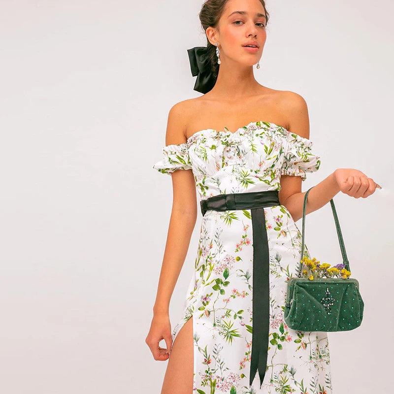 Summer Floral Off Shoulder Puff Sleeve Maxi Dress