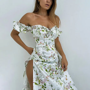 Summer Floral Off Shoulder Puff Sleeve Maxi Dress