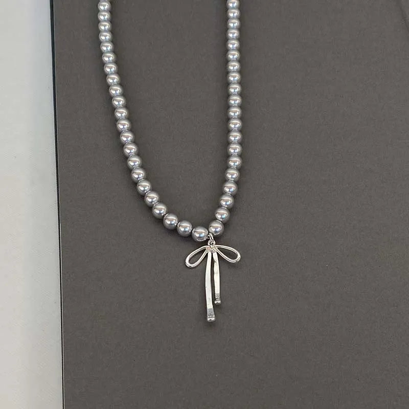 Vintage Grey Pearl Bowknot Pendant Necklace