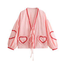 Heart Pockets Ladies V Neck Bow Buttons Blouses