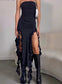Elegant Strapless Dress Women Irregular Tassel Skinny Split Maxi Bodycon