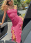 Elegant Strapless Dress Women Irregular Tassel Skinny Split Maxi Bodycon