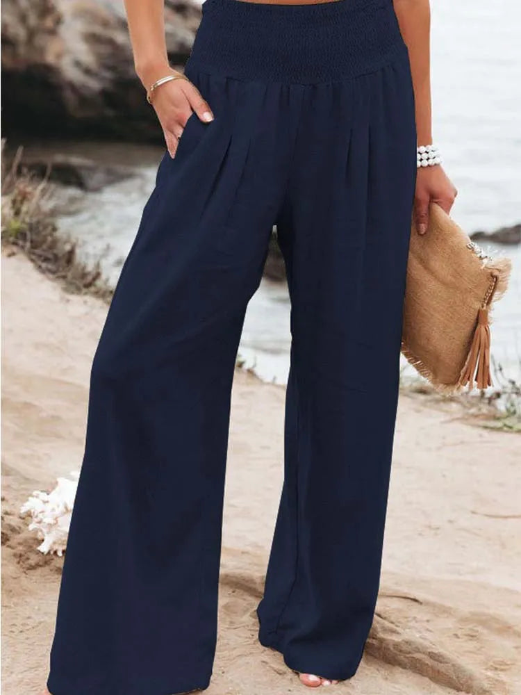 Women Cotton And Linen Pants Elastic High-Waist Thin Casual Pocket Trousers