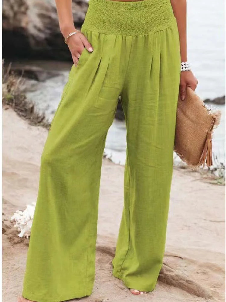 Women Cotton And Linen Pants Elastic High-Waist Thin Casual Pocket Trousers