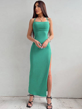 Backless Bandage Slit Dress Knitted Fabric Solid Color Strap Long Dress