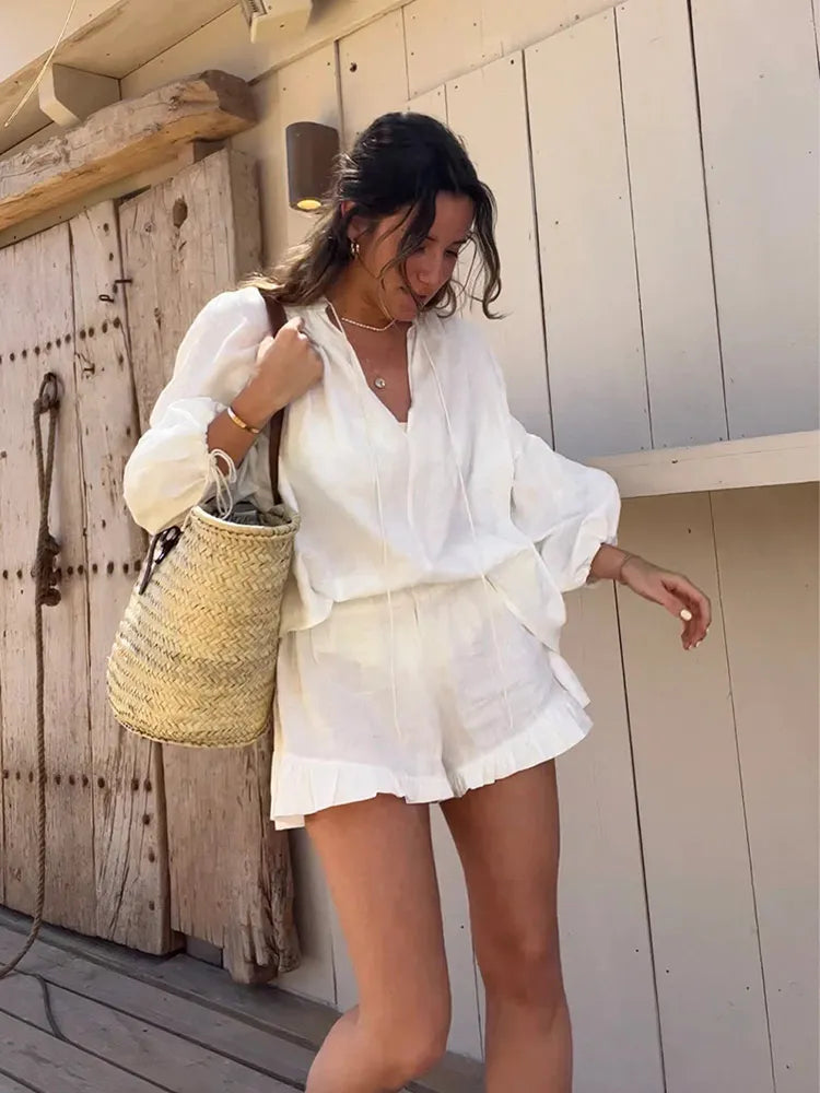 Women's Solid Cotton Linen Ruffle Shorts Suit V-neck Long Sleeve Drawstring Loose 2 Pieces Set