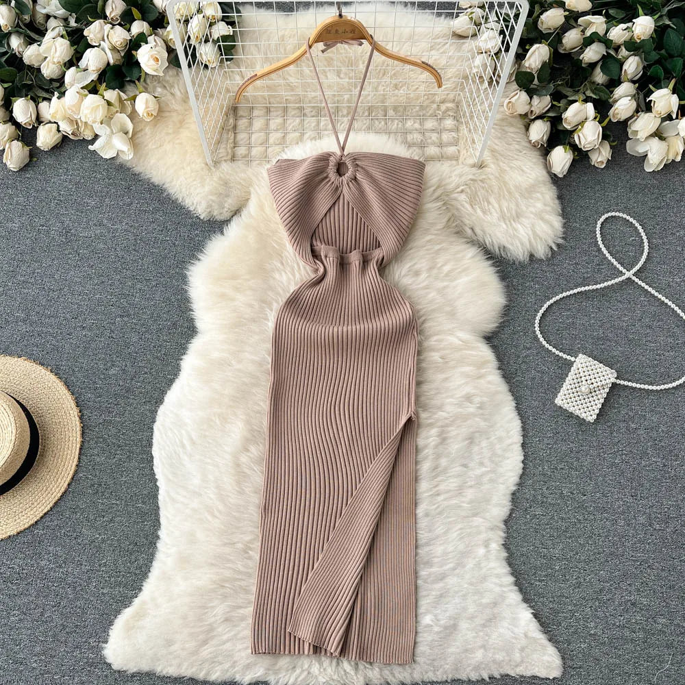 Chic Fashion Sexy Package Hips Split Knitted Summer Dress