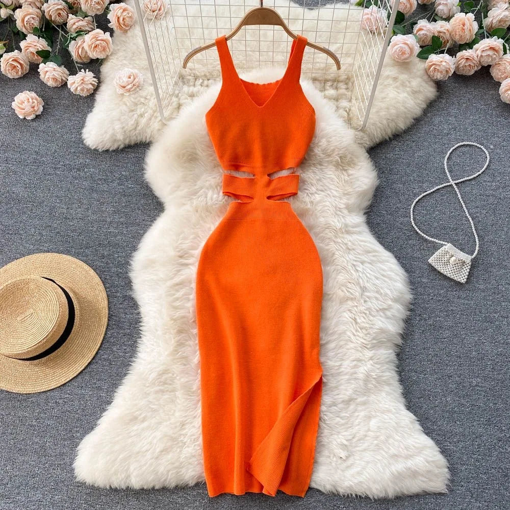 Dress Sexy Cut Out Waist Package Hips Split Bodycon Dress Vestidos Sundress