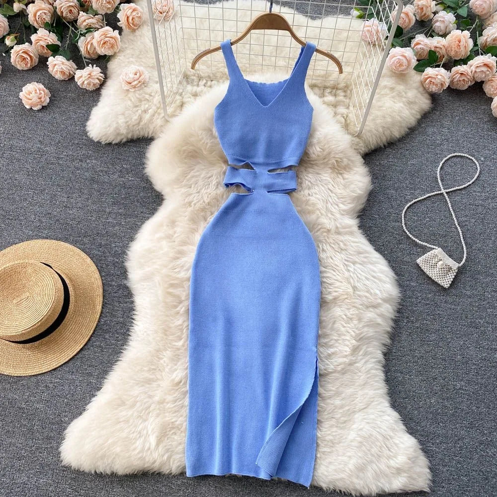 Dress Sexy Cut Out Waist Package Hips Split Bodycon Dress Vestidos Sundress