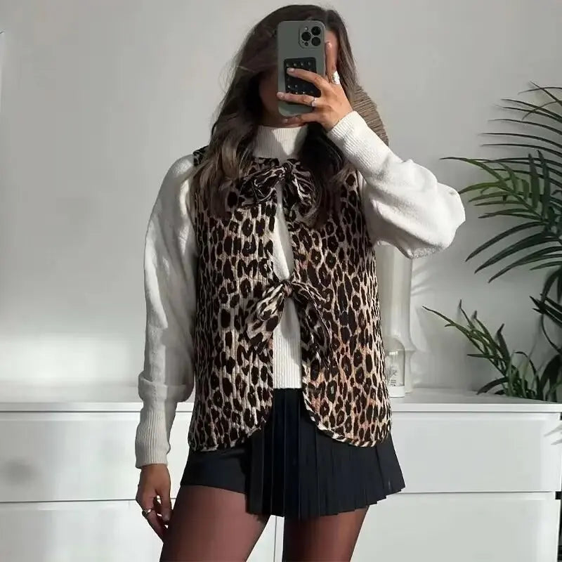 Spring/Summer V-neck Bow Decoration Fashion Leopard Pattern Vest