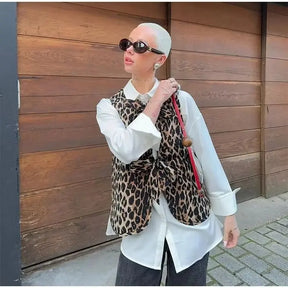 Spring/Summer V-neck Bow Decoration Fashion Leopard Pattern Vest