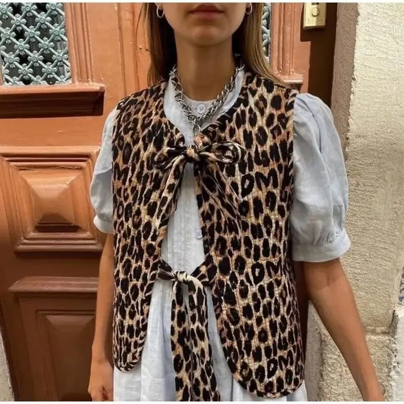 Spring/Summer V-neck Bow Decoration Fashion Leopard Pattern Vest