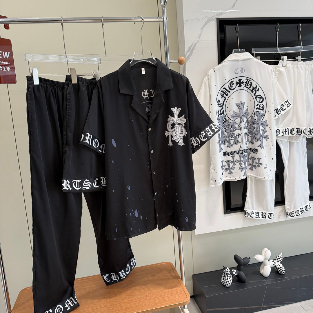 Chrome Hearts-Inspired "Ice Silk" Printed Pajama Set for Couples