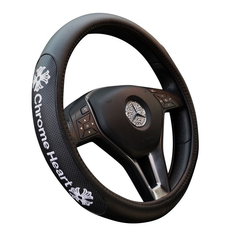 Chrome Hearts Leather Steering Wheel Cover with Embroidery