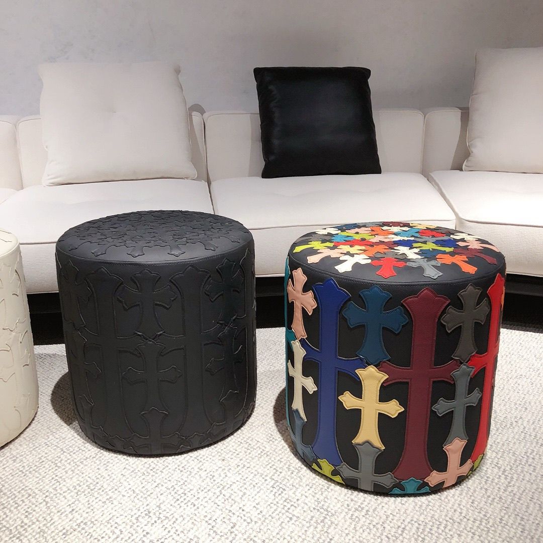 Chrome Hearts Pattern Colorful Round Stool Leather Seat