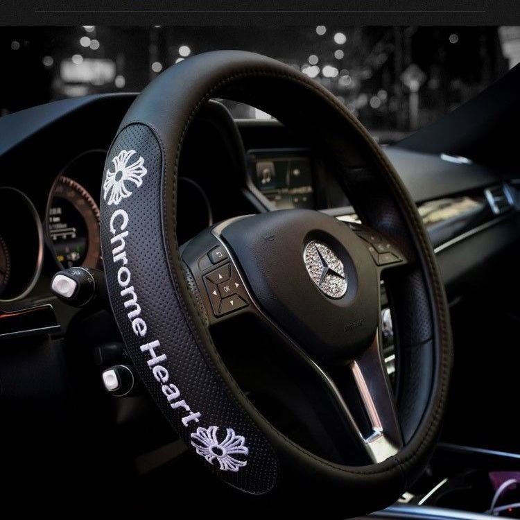 Chrome Hearts Leather Steering Wheel Cover with Embroidery
