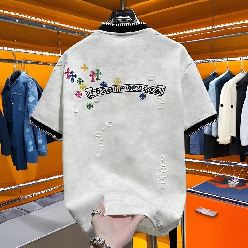 Chrome Hearts-Inspired Distressed T-Shirt with Embroidered Cross