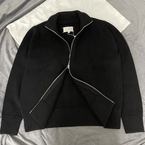 Two-way zipper high collar wool jacket