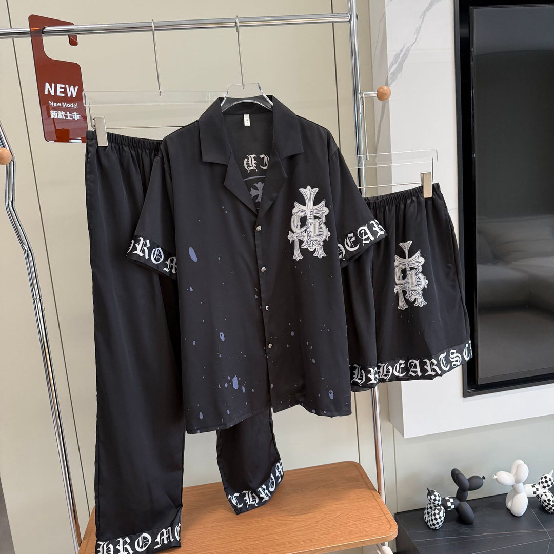 Chrome Hearts-Inspired "Ice Silk" Printed Pajama Set for Couples