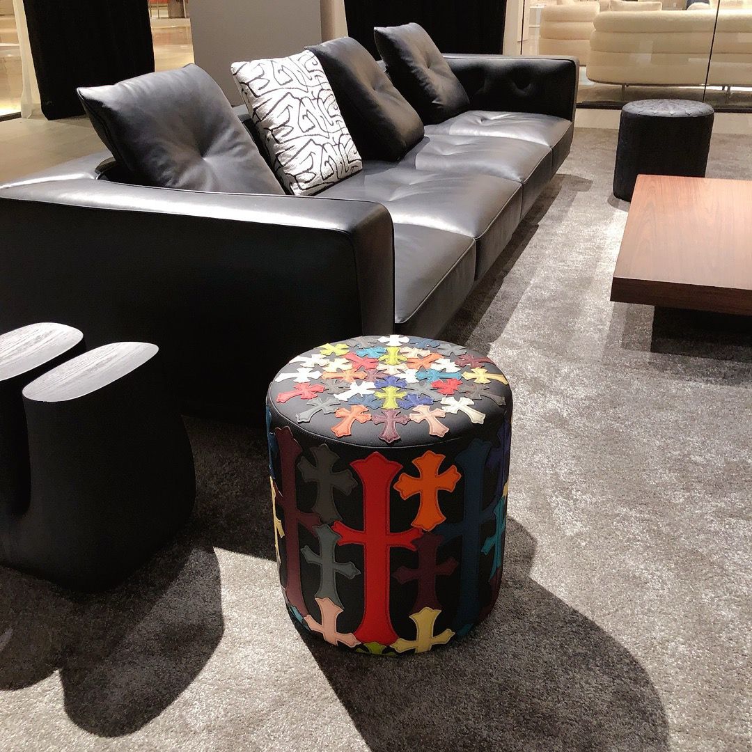 Chrome Hearts Pattern Colorful Round Stool Leather Seat