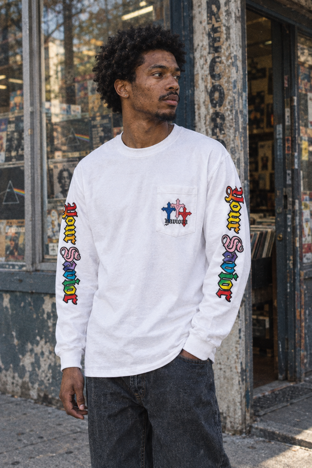 Yaviora Your Savior Gothic Rainbow Cross Print Long Sleeve T-Shirt