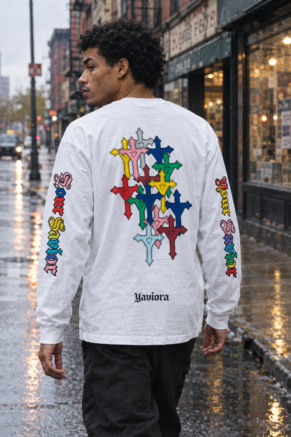 Yaviora Your Savior Gothic Rainbow Cross Print Long Sleeve T-Shirt
