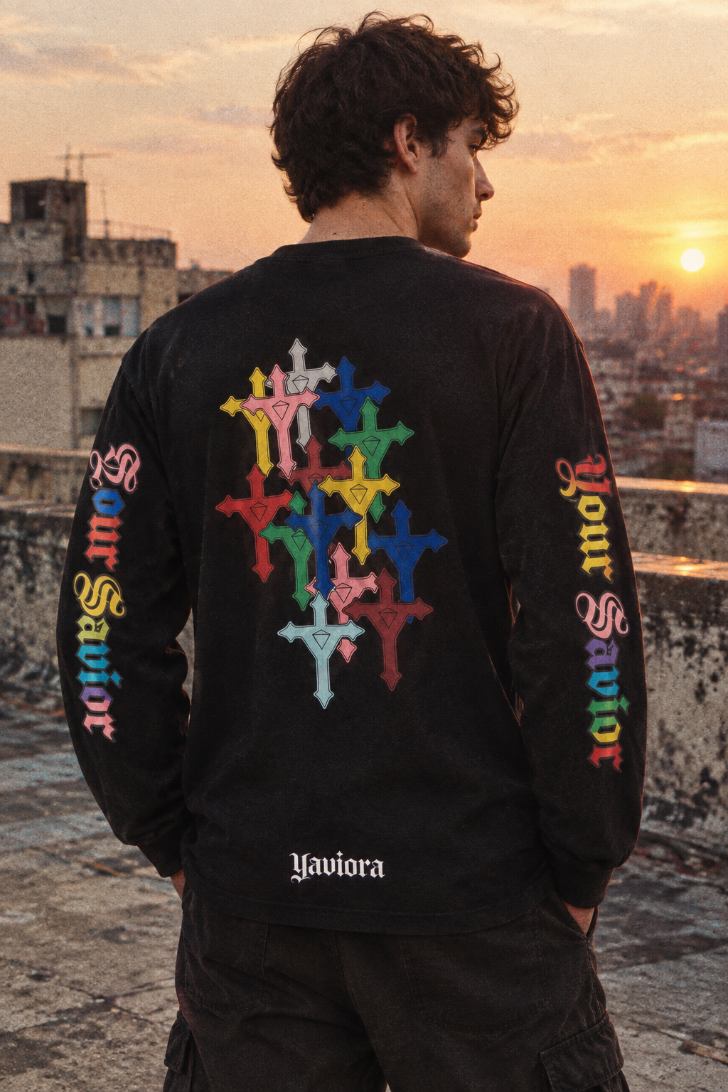 Yaviora Your Savior Gothic Rainbow Cross Print Long Sleeve T-Shirt