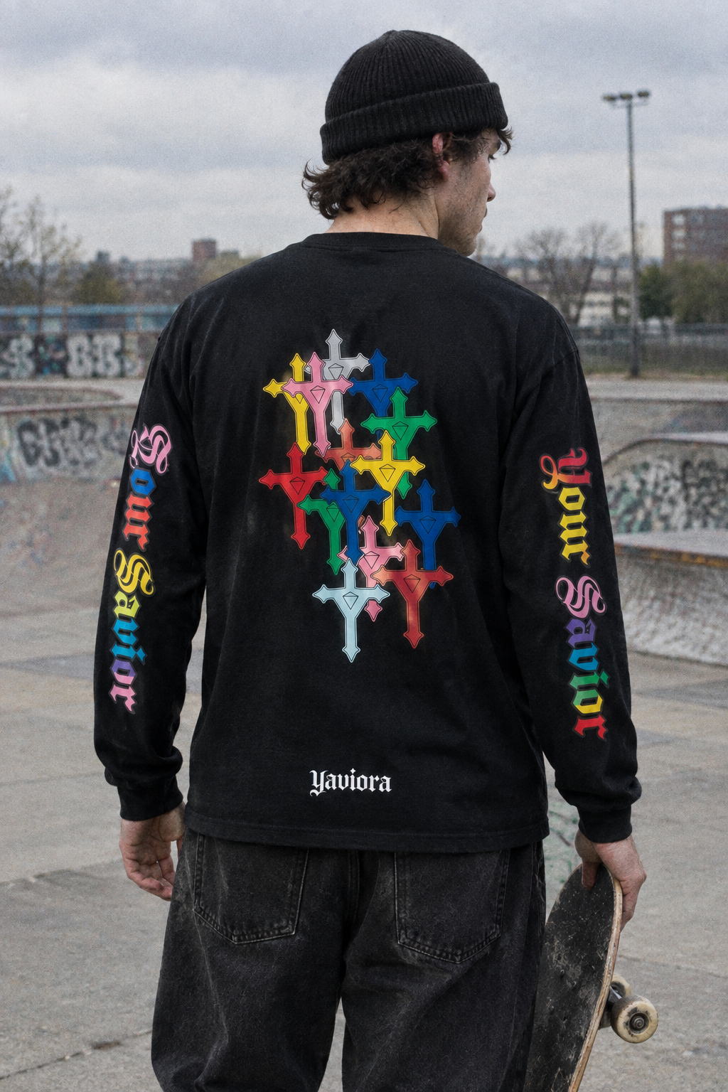Yaviora Your Savior Gothic Rainbow Cross Print Long Sleeve T-Shirt