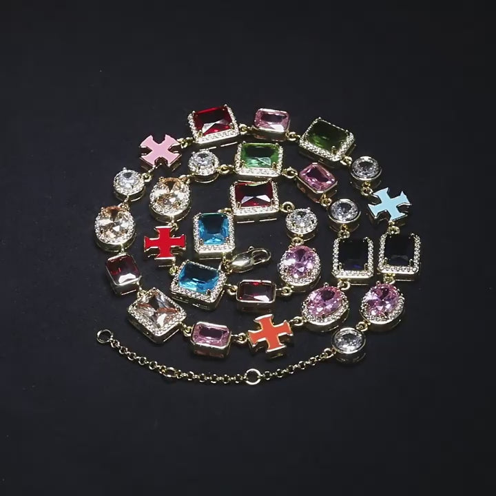 Exquisite diamond-encrusted colored gemstone bracelet and necklace