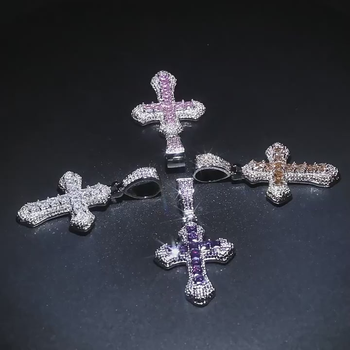 Hip-hop copper-inlaid purple zircon cross necklace