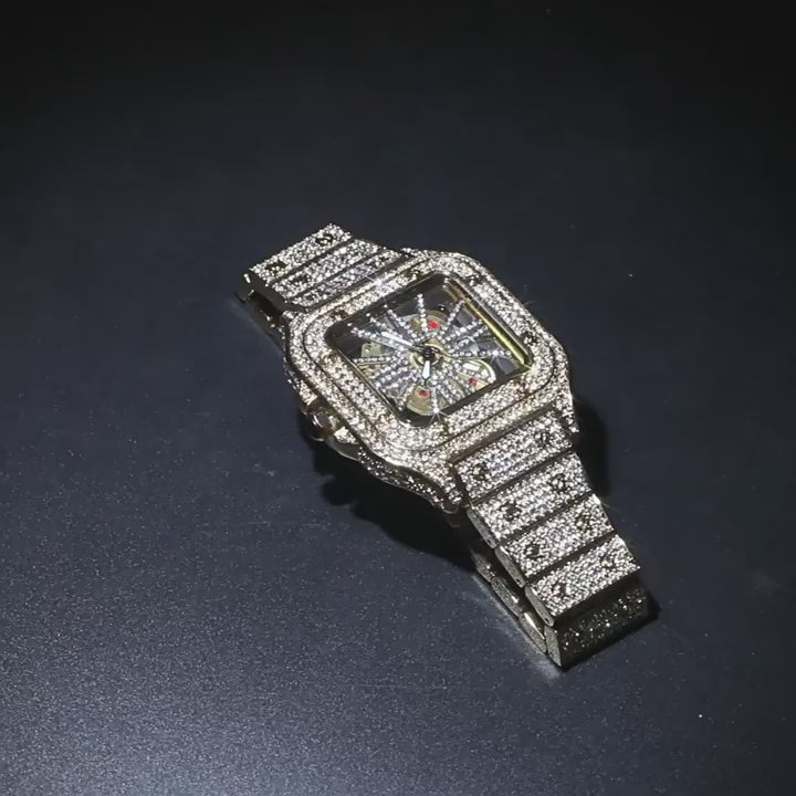 Hip-hop diamond-encrusted hollowed-out square watch