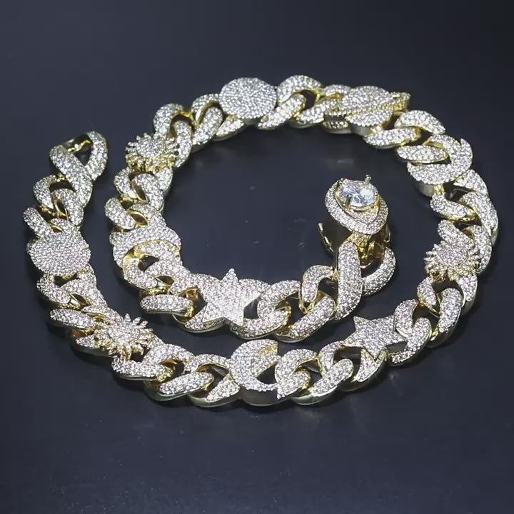 Hip-hop zircon-encrusted sun, star and eye necklace