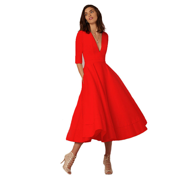 Damen-Abendkleid Sexy tiefes V-Langarmkleid