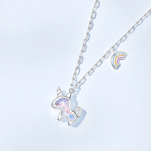 s925 argento fantasia arcobaleno unicorno collana catena da clavicola di fascia alta di lusso leggero da donna