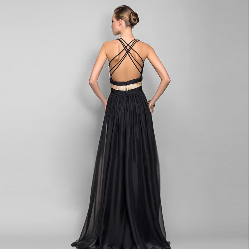 Chiffon Contrast Color Evening Gown Sleeveless V-neck Splicing Long Gown