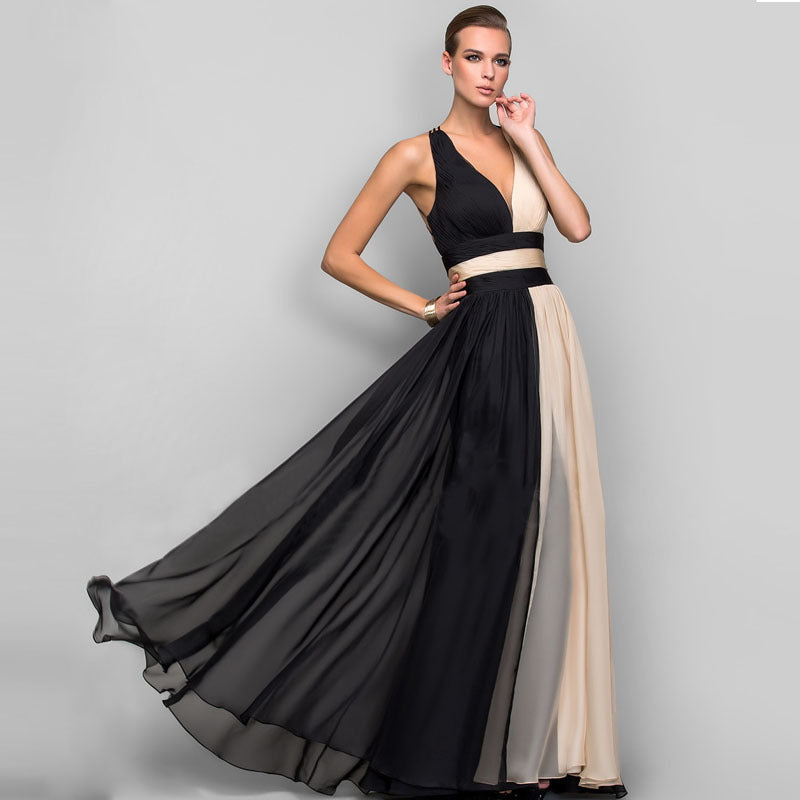 Chiffon Contrast Color Evening Gown Sleeveless V-neck Splicing Long Gown