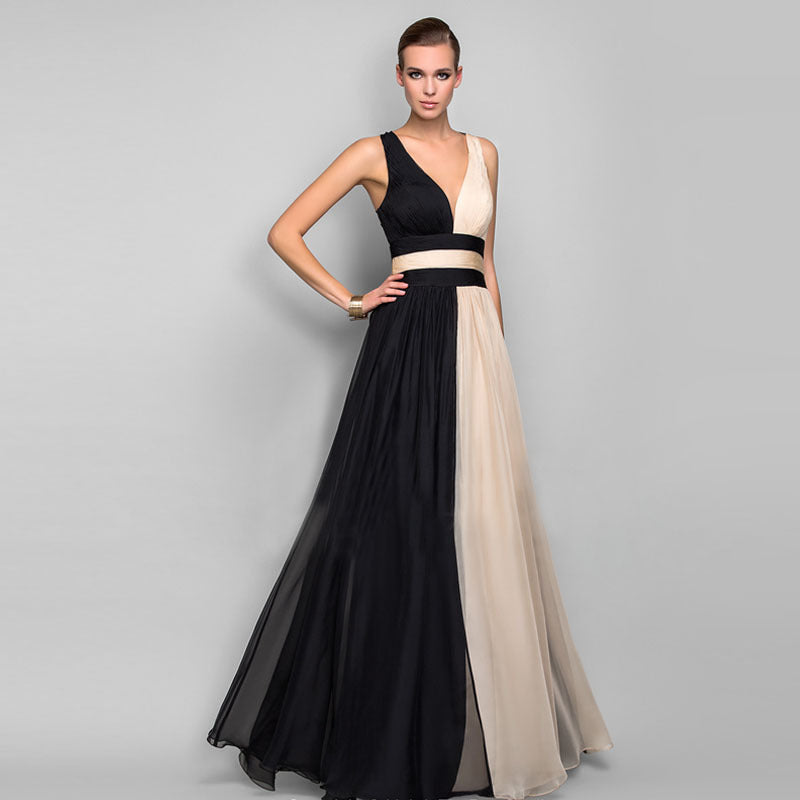 Chiffon Contrast Color Evening Gown Sleeveless V-neck Splicing Long Gown