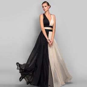 Chiffon Contrast Color Evening Gown Sleeveless V-neck Splicing Long Gown