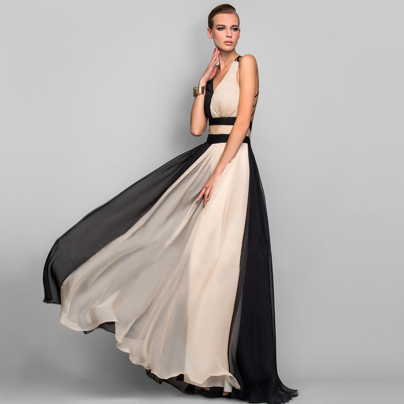 Chiffon Contrast Color Evening Gown Sleeveless V-neck Splicing Long Gown