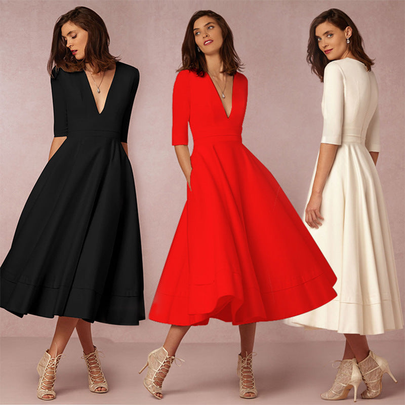 Women's Evening Dress Sexy Deep V Long Sleeve Dress