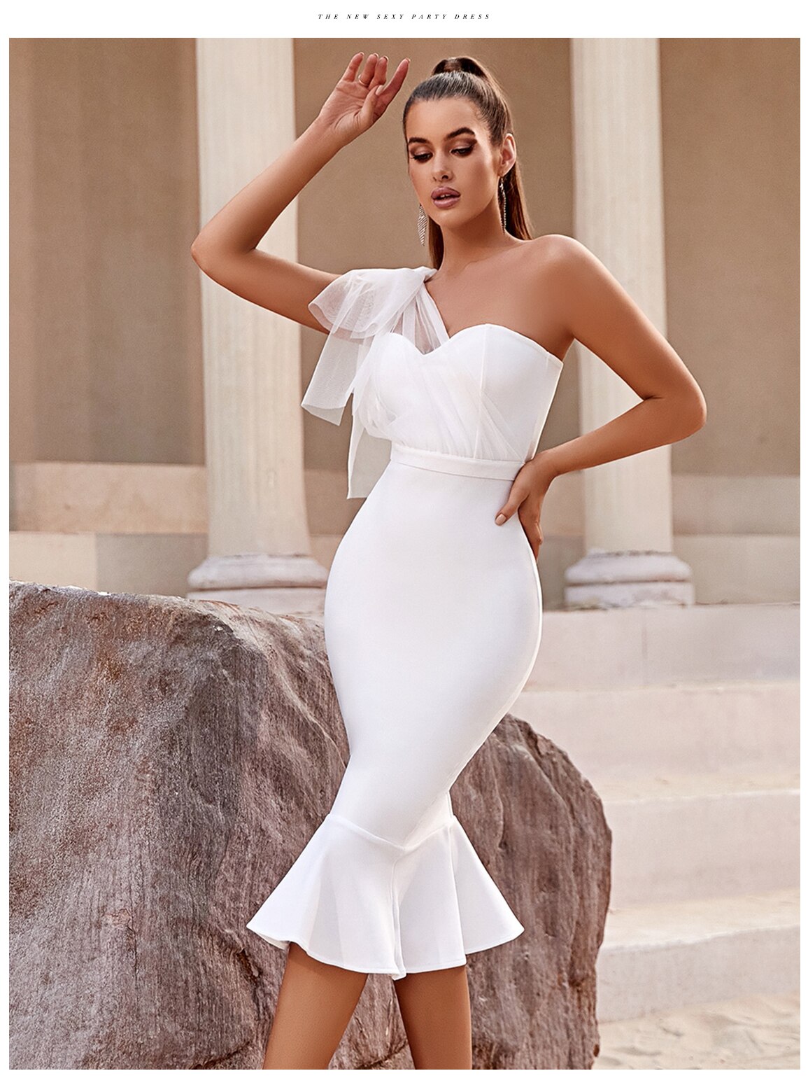 One Shoulder Bandage Dress For Women Mermaid Hem Bow Sleeveless Bodycon Vestidos