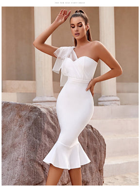 One Shoulder Bandage Dress For Women Mermaid Hem Bow Sleeveless Bodycon Vestidos